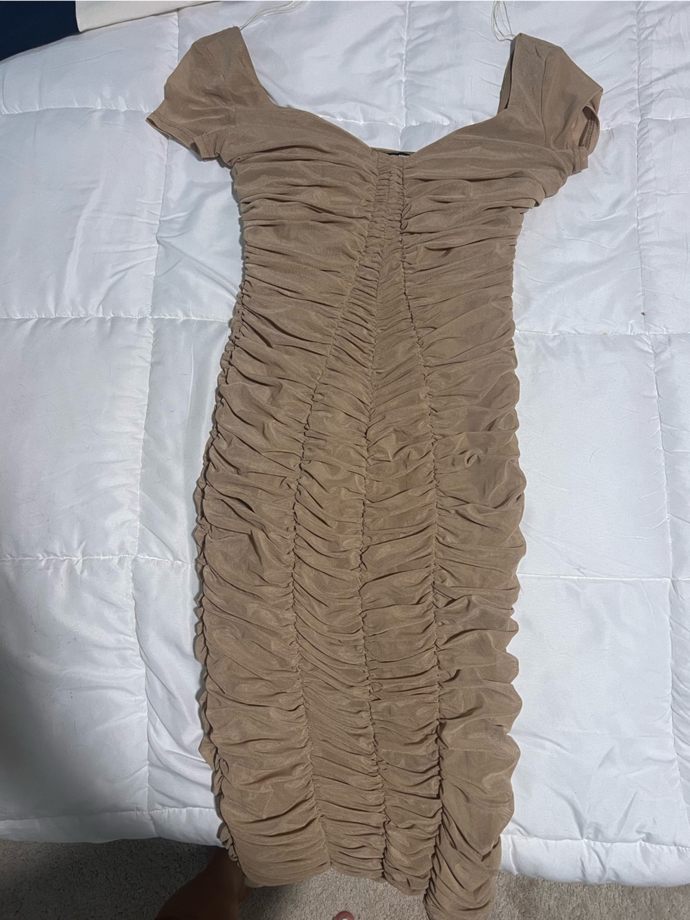 Fashion Nova Ruched Off-Shoulder Midi Dress - Taupe